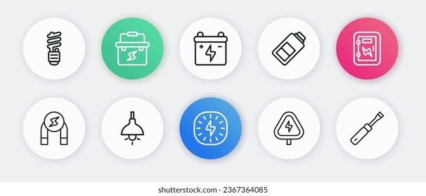 Set line Lightning bolt, Electrical panel, Magnet, High voltage, Battery charge, Car battery, Screwdriver and Lamp hanging icon. Vector