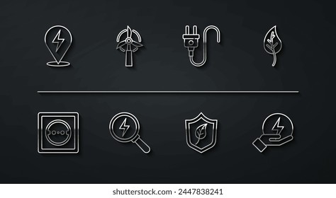 Fije la línea Rayo, Toma eléctrica, Hoja u hojas, Escudo con hoja, turbina de viento e icono de enchufe. Vector