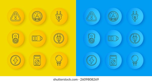 Set line Lightning bolt, Electrical outlet, Battery charge level indicator, emitting diode, plug, Exclamation mark triangle,  and Ampere meter, multimeter, voltmeter icon. Vector