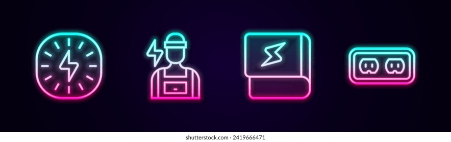 Set line Lightning bolt, Electrician, Book about electricity and Electrical outlet. Glowing neon icon. Vector