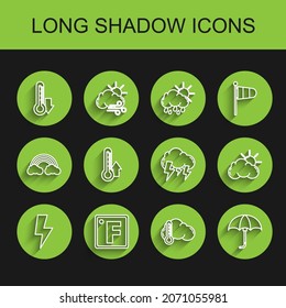 Set line Lightning bolt, Fahrenheit, Thermometer, and cloud, Classic elegant opened umbrella, Sun weather and Storm icon. Vector