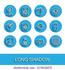 Set line Lightning bolt, Garbage bag with recycle, Location leaf, Battery, Solar energy panel, Recycle bin,  and Refresh icon. Vector