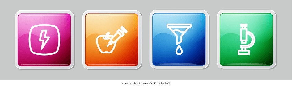 Set line Lightning bolt, Genetically modified apple, Funnel or filter and Microscope. Colorful square button. Vector