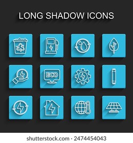 Set line Lightning bolt, House and lightning, Recycle bin with recycle, Global warming, Solar energy panel, Label for eco healthy food, Fluorescent lamp and Gear icon. Vector