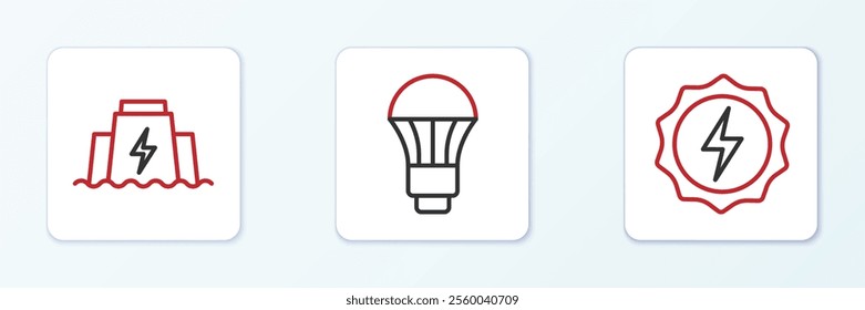 Set line Lightning bolt, Hydroelectric dam and LED light bulb icon. Vector