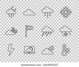 Set line Lightning bolt, Meteorology thermometer, Cloud with rain, Weather forecast, and moon, Cone windsock wind vane, Rainbow clouds and snow icon. Vector