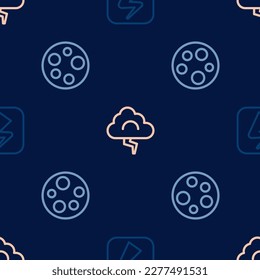 Set line Lightning bolt, Moon and Cloud and lightning on seamless pattern. Vector