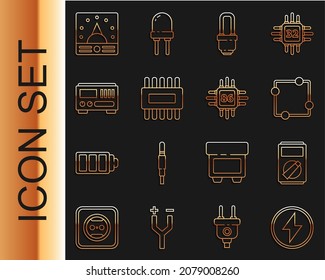 Set line Lightning bolt, Multimeter, Electric circuit scheme, LED light bulb, Processor with microcircuits CPU, Electrical measuring instruments, Ampere multimeter, voltmeter and  icon. Vector