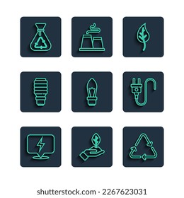 Set line Lightning bolt, Plant hand, Recycle symbol, Leaf or leaves, bulb, LED light, Garbage bag with recycle and Electric plug icon. Vector