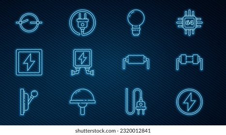 Set line Lightning bolt, Resistor electricity, bulb with concept of idea, Electric transformer, circuit scheme,  and plug icon. Vector