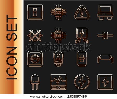 Set line Lightning bolt, Resistor electricity, Electric circuit scheme, Exclamation mark triangle, Processor with microcircuits CPU, light switch and transformer icon. Vector