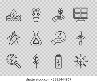 Set line Lightning bolt, Solar energy panel, Plant hand, Leaf or leaves, Water, Garbage bag with recycle, Battery and Wind turbine icon. Vector