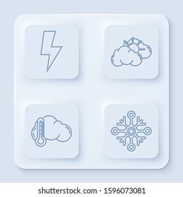 Set line Lightning bolt, Sun and cloud weather, Thermometer and cloud and Snowflake. White square button. Vector