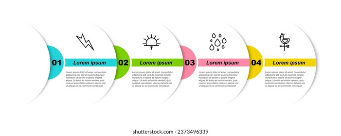 Set line Lightning bolt, Sunrise, Water drop and Rooster weather vane. Business infographic template. Vector