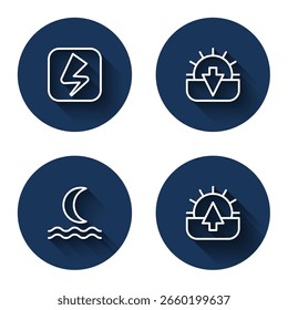 Set line Lightning bolt, Sunset, Night fog or smoke and Sunrise with long shadow. Blue circle button. Vector