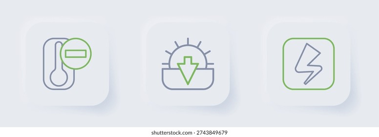 Set line Lightning bolt, Sunset and Thermometer icon. Vector