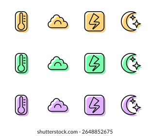 Set line Lightning bolt, Thermometer, Cloud and Moon and stars icon. Vector