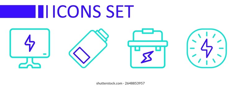 Set line Lightning bolt, Toolbox electrician, Battery charge and Smart Tv icon. Vector