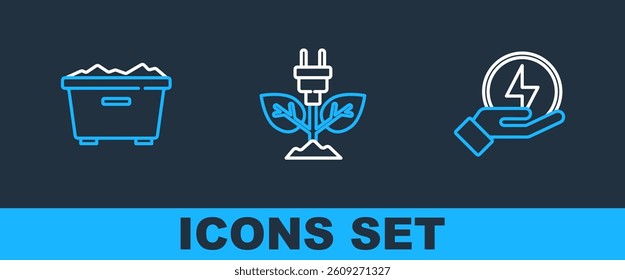 Set line Lightning bolt, Trash can and Electric saving plug leaf icon. Vector