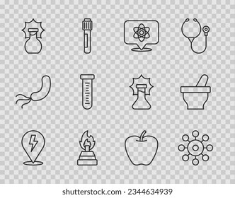 Set line Lightning bolt, Virus, Atom, Alcohol or spirit burner, Explosion the flask, Test tube, Apple and Mortar and pestle icon. Vector