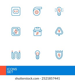 Set line Lightning and shield, Creative lamp light idea, Electric cable, High voltage, No lightning, Toolbox electrician,  and Roll adhesive tape icon. Vector