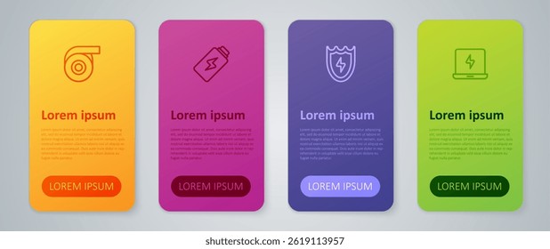 Set line Lightning and shield, Laptop, Roll adhesive tape and Battery charge. Business infographic template. Vector