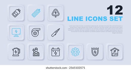 Set line Lightning and shield, Smart home, Roll adhesive tape, Electrical outlet, Tv, Electrician, extension and Car battery icon. Vector