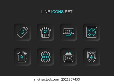 Set line Lightning and shield, Tee plug electric, Electrical outlet, kettle, Power button, Smart home and Battery charge icon. Vector