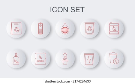 Set line Lightning with trash can, Tag leaf, Earth planet water drop, Shopping bag recycle, Battery charge level indicator, Bio fuel barrel and Electric saving plug pot icon. Vector