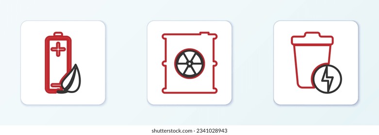 Set line Lightning with trash can, Eco nature leaf and battery and Radioactive waste barrel icon. Vector