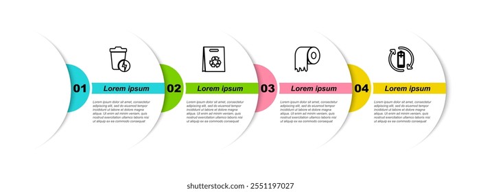 Definir linha Relâmpago com lata de lixo, Saco de compras reciclável, rolo de papel higiênico e bateria. Modelo de infográfico comercial. Vetor