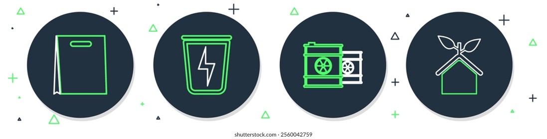 Set line Lightning with trash can, Radioactive waste barrel, Shopping bag and Eco friendly house icon. Vector