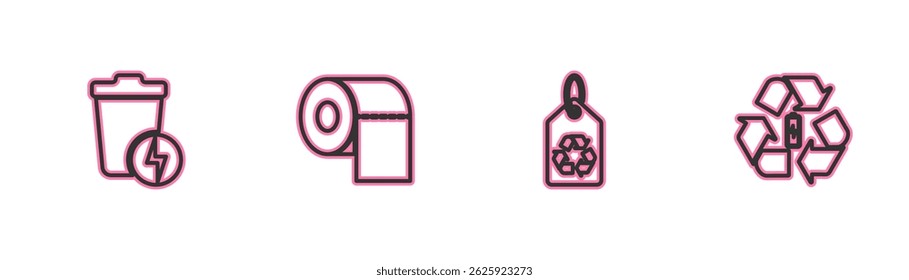 Set line Lightning with trash can, Tag recycle, Toilet paper roll and Battery icon. Vector