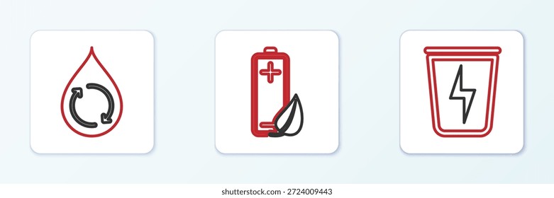 Fije la línea Lightning con el cubo de basura, reciclar el agua limpia y la hoja de la naturaleza de Eco y el icono de la batería. Vector