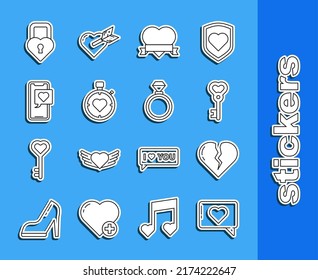 Set line Like and heart, Broken or divorce, Key in shape, Heart ribbon, the center stopwatch, Smartphone with speech bubble, Castle of and Wedding rings icon. Vector