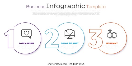 Set line Like and heart, Computer monitor with heart and Wedding rings. Business infographic template. Vector