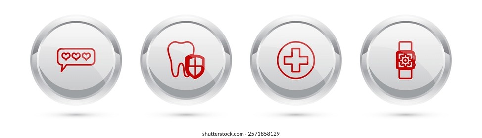 Set line Like and heart, Dental protection, Medical cross in circle and Smartwatch setting. Silver circle button. Vector