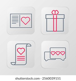 Set line Like and heart, Envelope with Valentine, Gift box and Valentines day flyer icon. Vector