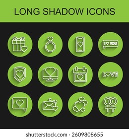 Set line Like and heart, Envelope with, Gift box, Heart, Female gender symbol, Computer monitor, Love text and Calendar icon. Vector