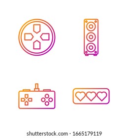 Fije la línea Como y corazón, Gamepad, Gamepad y altavoz estéreo. Iconos de color degradado. Vector