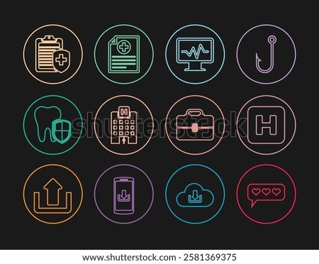 Set line Like and heart, Hospital, Monitor with cardiogram, Medical hospital building, Dental protection, Clipboard medical insurance, Toolbox and Clinical record icon. Vector