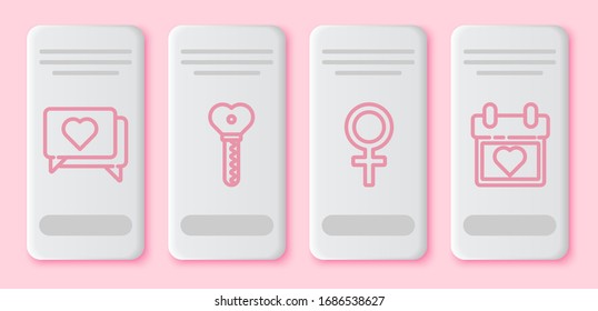 Fijar la línea como y el corazón, la clave en forma cardíaca, el símbolo de género femenino y el Calendario con el corazón. Botón rectángulo blanco. Vector