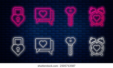 Fije la línea como el corazón y el corazón, llave en forma de corazón, castillo en forma de corazón y corazón en el reloj despertador central. Icono de neón brillante en la pared de ladrillo. Vector