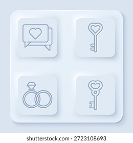 Set line Like and heart, Key in heart shape, Wedding rings and Key in heart shape. White square button. Vector