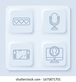Establecer línea como y corazón, Micrófono, consola de videojuegos portátil y Crear pantalla de cuenta. Botón cuadrado blanco. Vector