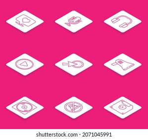 Set line Like and heart, Microphone, Headphones, Play in circle, Arrow cursor, Megaphone, Vinyl disk and Speaker mute icon. Vector