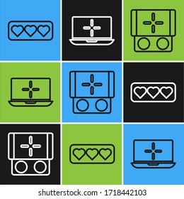 Set line Like and heart, Portable video game console and Laptop icon. Vector