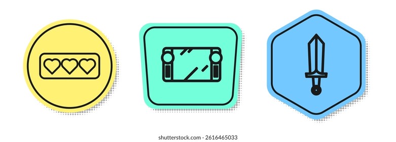 Set line Like and heart, Portable video game console and Sword for game. Colored shapes. Vector