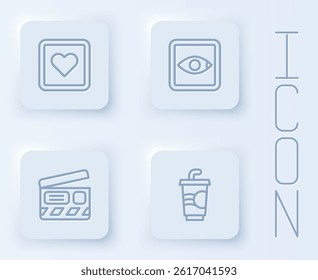 Set line Like heart, Rating movie, Movie clapper and Paper glass with water. White square button. Vector