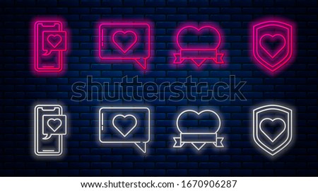 Set line Like and heart, Heart and ribbon, Smartphone with heart speech bubble and Heart with shield. Glowing neon icon on brick wall. Vector